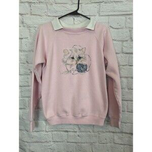 VTG Hanes Collared Sweatshirt Cross Stitch Needlepoint Kitten Cat Size Med Flaw